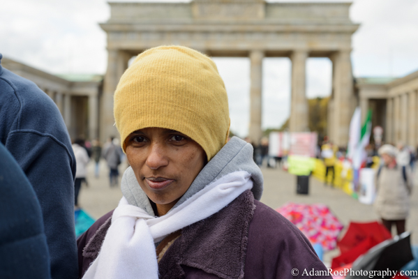 One of the protestors at the Bradenburg Gate.