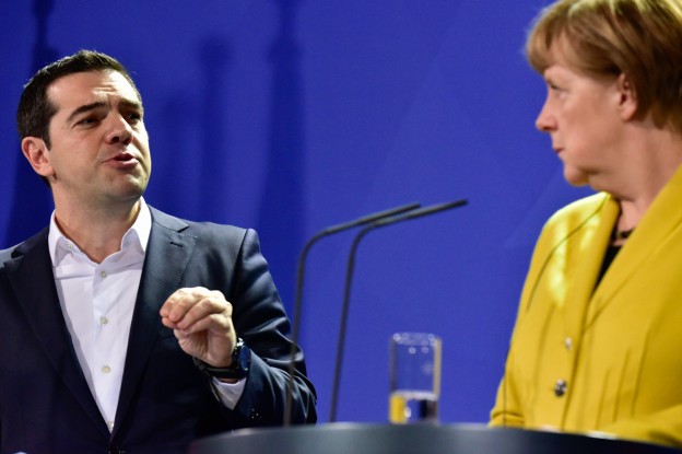 Angela Merkel and Alexis Tsipras at their press conference.