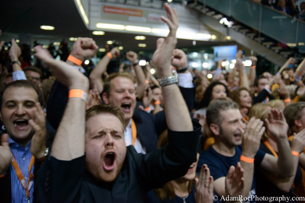 The reaction on the floor of CDU headquarters when the party's victory is first predicted