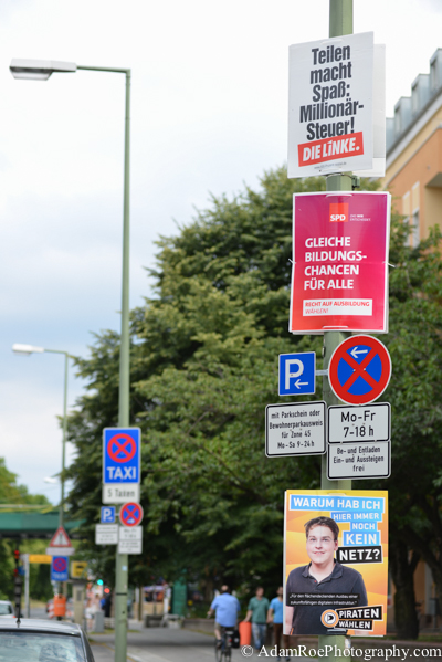 Election posters from The Left (top), SPD (middle) and The Pirates (bottom) in Prenzlauer Berg, Berlin