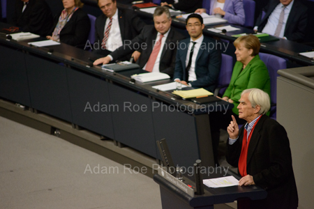 Hans-Christian Ströbele (MP, Green) addresses the Bundestag during a special session on the NSA syping scandal. He had met with Snowden the week before in Russia. 