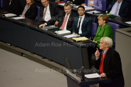 Hans-Christian Ströbele (MP, Green) addresses the Bundestag during a special session on the NSA syping scandal. He had met with Snowden the week before in Russia.