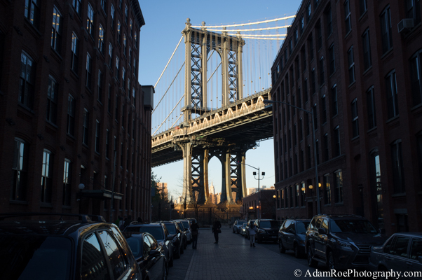 A view of the Manhattan Bridge from Brooklyn as the sun is going down on Thanksgiving. 