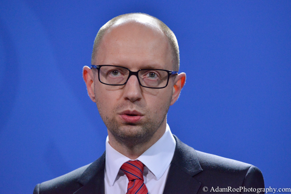 Arseniy Yatsenyuk, the Prime Minister of the Ukraine, speaking at the press conference.